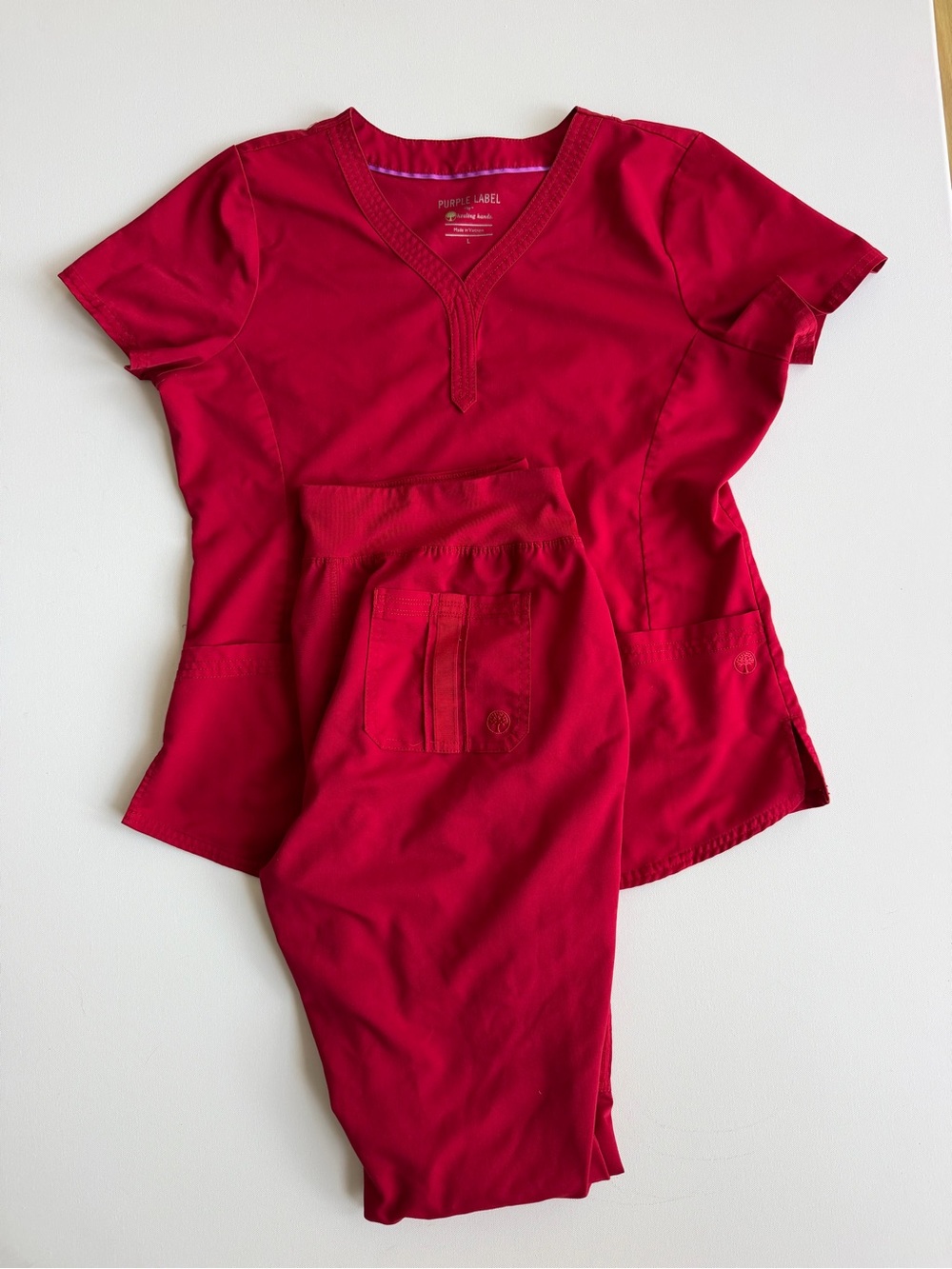 Healing Hands Purple Label Yoga Scrub Set Women L Pink Red Top Pants Medical 043